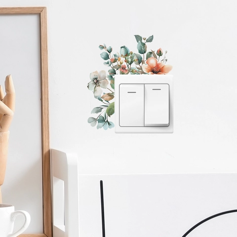 Pegatina de Pared para Interruptor de Luz Plantas Verdes Flores Acuarela PVC Autoadhesiva Removible Calcomanía Decorativa Hogar