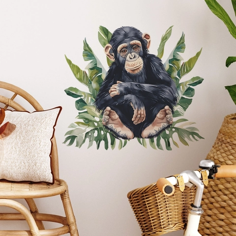 Chimpanzee Tropical Plants Wall Sticker PVC Watercolor Animal Botanical Wall Decal For Kids Room Nursery Home Decor