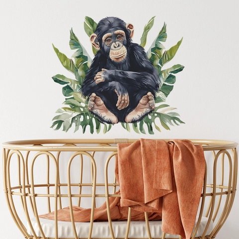 Chimpanzee Tropical Plants Wall Sticker PVC Watercolor Animal Botanical Wall Decal For Kids Room Nursery Home Decor