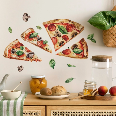 Watercolor Pizza Wall Stickers Removable PVC Food Mushroom Basil Pattern For Kitchen Restaurant Dining Room Decor Sticker