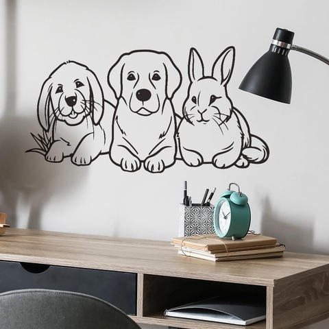 Cartoon Dog Rabbit Animal Portrait Wall Sticker PVC Waterproof Minimalist Line Art Wall Decal For Kids Bedroom Home Decor