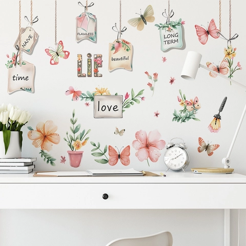 Aquarel Bloem Vlinder Muurstickers PVC Zelfklevende Decoratie Voor Slaapkamer Kaptafel Woonkamer Muur Thuis