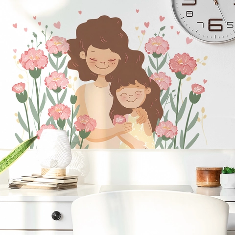 Muttertag Wandtattoo Mutter Und Tochter Aquarell Blumen PVC Selbstklebend Warmes Herz Zuhause Deko Für Kinderzimmer