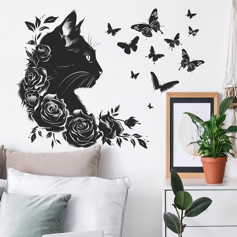 Adesivo da Parete Gatto Nero Rosa Farfalla Fai Da Te Removibile PVC Silhouette Decalcomania Per Soggiorno Camera Decorazione Casa