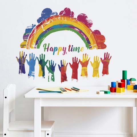 Cartoon Rainbow Colorful Hands Happy Time Wall Stickers For Kids Room Kindergarten Nursery PVC DIY Art Decals Home Decoration