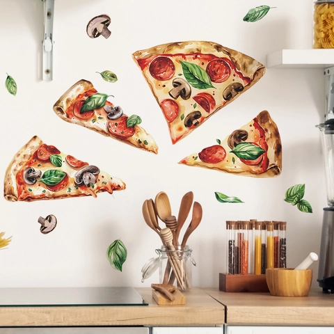 Watercolor Pizza Wall Stickers Removable PVC Food Mushroom Basil Pattern For Kitchen Restaurant Dining Room Decor Sticker