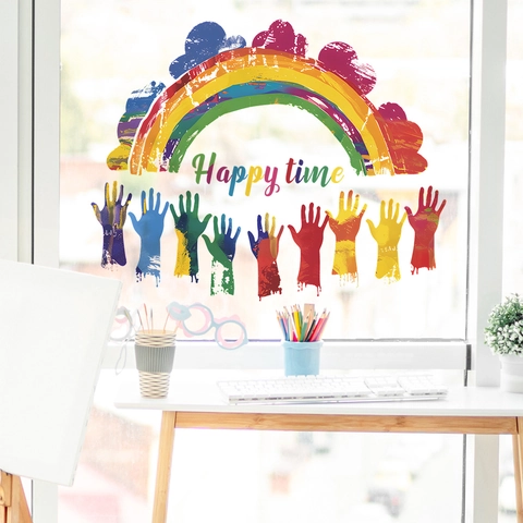 Cartoon Rainbow Colorful Hands Happy Time Wall Stickers For Kids Room Kindergarten Nursery PVC DIY Art Decals Home Decoration