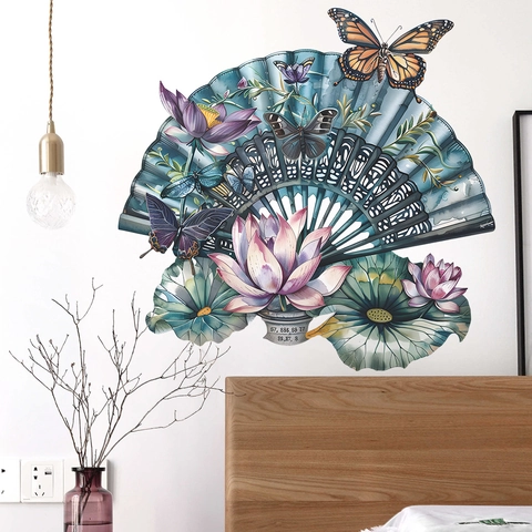 Chinese Style Lotus Flower Fan Butterfly Wall Stickers PVC Removable Floral Art Decals For Living Room Bedroom Home Wall Decoration
