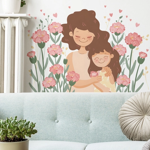Muttertag Wandtattoo Mutter Und Tochter Aquarell Blumen PVC Selbstklebend Warmes Herz Zuhause Deko Für Kinderzimmer