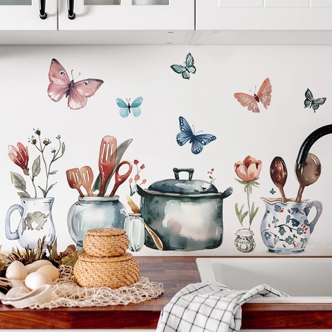 Watercolor Kitchen Utensils Wall Sticker PVC Self Adhesive Spoon Butterfly Flower Decal For Kitchen Dining Room Decor