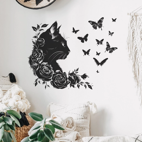 Adesivo da Parete Gatto Nero Rosa Farfalla Fai Da Te Removibile PVC Silhouette Decalcomania Per Soggiorno Camera Decorazione Casa