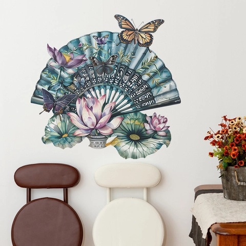 Chinese Style Lotus Flower Fan Butterfly Wall Stickers PVC Removable Floral Art Decals For Living Room Bedroom Home Wall Decoration