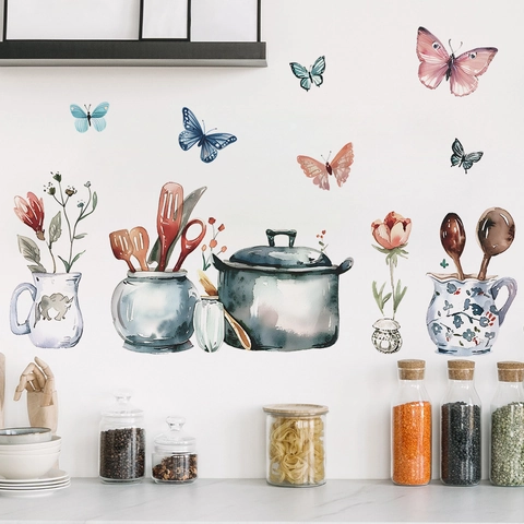 Watercolor Kitchen Utensils Wall Sticker PVC Self Adhesive Spoon Butterfly Flower Decal For Kitchen Dining Room Decor