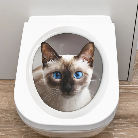 3D Blauwe Ogen Siamese Kat Toiletsticker Waterdicht PVC Realistisch Dierenportret Muursticker Voor Badkamer Decoratie