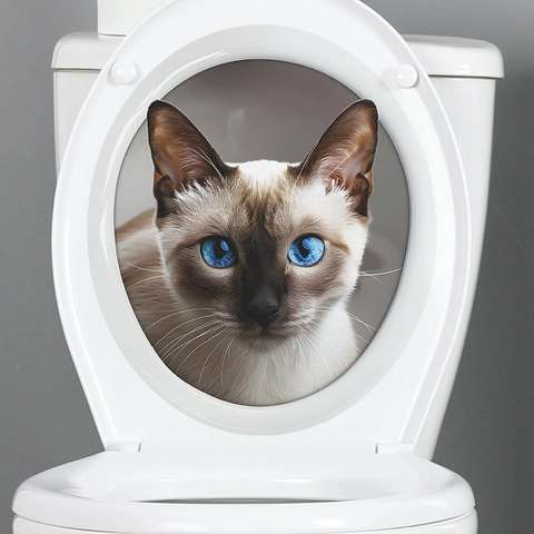 3D Blauwe Ogen Siamese Kat Toiletsticker Waterdicht PVC Realistisch Dierenportret Muursticker Voor Badkamer Decoratie