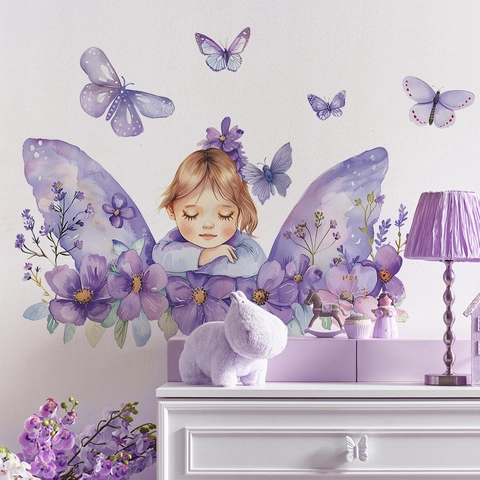 Aquarel Paars Feenmeisje Vlinder Muursticker PVC DIY Verwijderbare Bloemen Muurdecoratie Voor Kinderkamer Slaapkamer