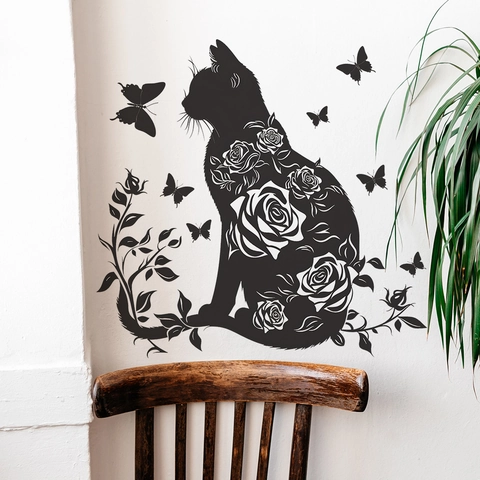 Sticker Mural Créatif Silhouette Chat Noir Rose Fleur Papillon Autocollant PVC pour Décoration de Chambre d'Enfant