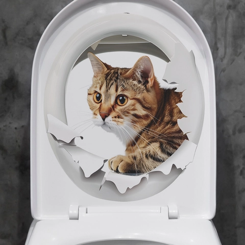 Realistischer 3D Katzen Toilettenaufkleber Wasserdichtes PVC Abnehmbares Wandtattoo Für Badezimmer Deko Getigertes Tiermuster Sticker