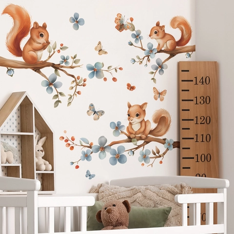 Cartoon Squirrel Tree Climbing Wall Stickers For Kids Bedroom PVC Watercolor Animal Floral Butterfly Home Decor Wall Decal