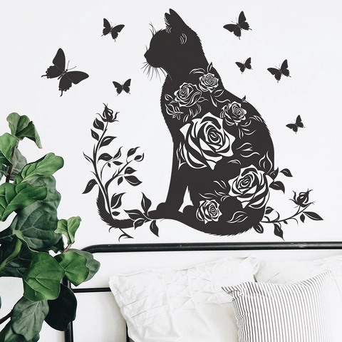Sticker Mural Créatif Silhouette Chat Noir Rose Fleur Papillon Autocollant PVC pour Décoration de Chambre d'Enfant