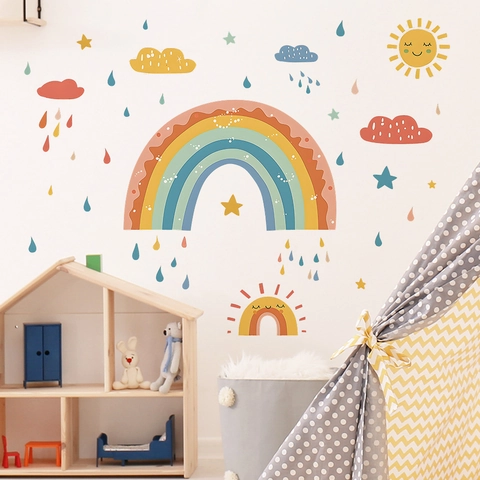 Cartoon Regenbogen Sonne Wolke Stern Wandtattoos Für Kinderzimmer Dekoration PVC Wasserdichtes Dekoratives Wandtattoo