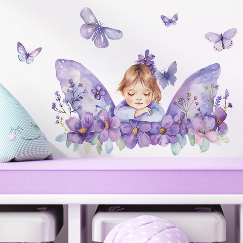 Aquarel Paars Feenmeisje Vlinder Muursticker PVC DIY Verwijderbare Bloemen Muurdecoratie Voor Kinderkamer Slaapkamer