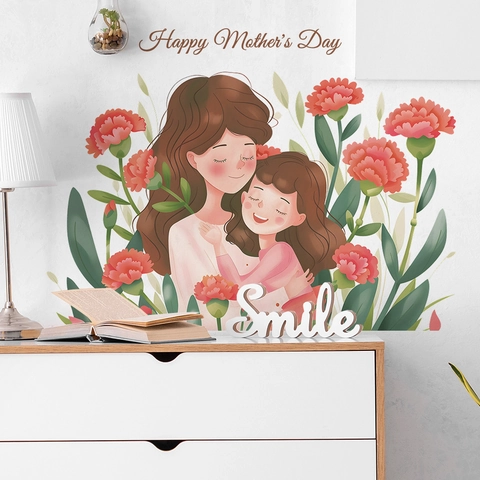 Adesivi Murali Happy Mother's Day in PVC Cartoon Abbraccio Mamma e Figlia Con Garofani Floreali Decalcomania da Muro Per Casa