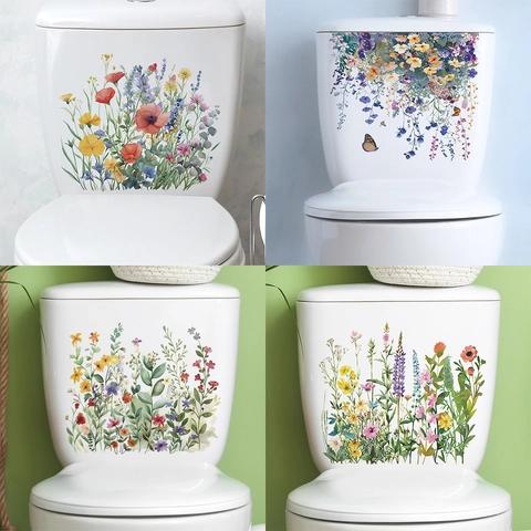 Lot de Stickers de Toilettes Fleurs et Papillons Peints Colorés en PVC Imperméable Amovible Décoration Murale de Salle de Bain