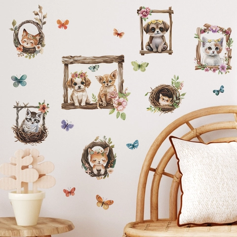 Cartoon Animal Photo Frame Wall Sticker Hand Painted Watercolor Cat Dog Fox Floral Butterfly PVC Decal For Kids Room Decor