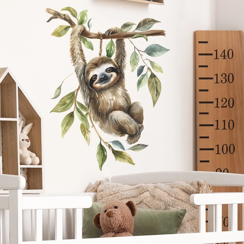 Sticker Mural Paresseux Aquarelle Sur Branche Animal Dessin Animé Feuilles Arbre PVC Décalcomanie Amovible Pour Chambre D'Enfant