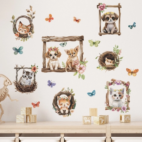 Cartoon Animal Photo Frame Wall Sticker Hand Painted Watercolor Cat Dog Fox Floral Butterfly PVC Decal For Kids Room Decor