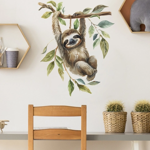 Sticker Mural Paresseux Aquarelle Sur Branche Animal Dessin Animé Feuilles Arbre PVC Décalcomanie Amovible Pour Chambre D'Enfant