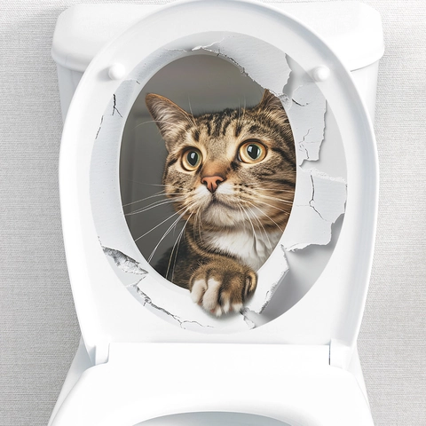 Sticker de Couvercle de Toilettes Chat 3D Réaliste Imperméable en PVC Décoration de Salle de Bain Drôle Art Mural pour Maison