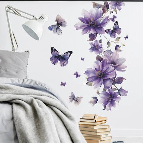 Lila Aquarell Blume Schmetterling Wandtattoo PVC Dekoratives Wandbild Für Schlafzimmer Wohnzimmer Haus Wanddekoration