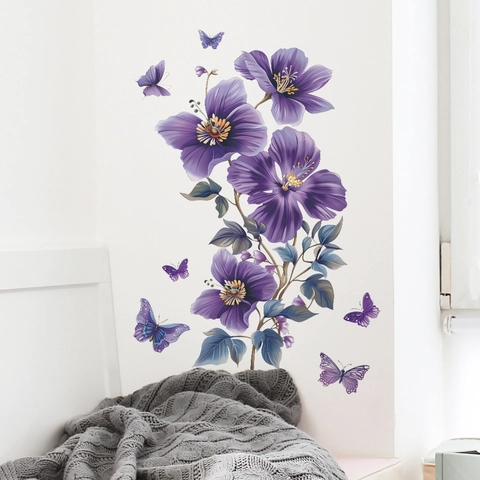 Lila Mohnblumen Und Schmetterlinge Wandtattoo PVC Selbstklebend Abnehmbare Künstlerische Blumen Wandaufkleber Für Schlafzimmer Wohnzimmer Haus Dekoration