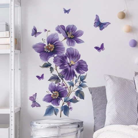Lila Mohnblumen Und Schmetterlinge Wandtattoo PVC Selbstklebend Abnehmbare Künstlerische Blumen Wandaufkleber Für Schlafzimmer Wohnzimmer Haus Dekoration