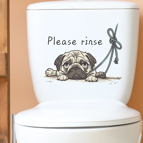 Grappige Cartoon Mops Toiletsticker Please Rinse Engelse Slogan PVC Waterdichte Muursticker Badkamer Decoratie