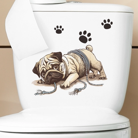 Divertente Adesivo per Sedile del Gabinetto a Forma di Carlino Cartone Animato Impermeabile PVC Animali per Bagno Decorazione