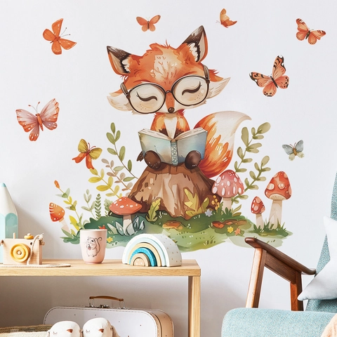 Pegatina de Pared de Zorro de Dibujos Animados Leyendo Libro para Habitación Infantil Guardería PVC Autoadhesivo Mariposa Decoración