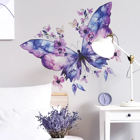 Traumhafte Lila Schmetterling Blume Wandaufkleber PVC Aquarell Floral Wandtattoos Für Schlafzimmer Wohnzimmer Kunst Haus Dekoration