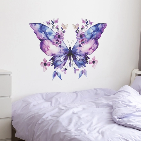 Traumhafte Lila Schmetterling Blume Wandaufkleber PVC Aquarell Floral Wandtattoos Für Schlafzimmer Wohnzimmer Kunst Haus Dekoration
