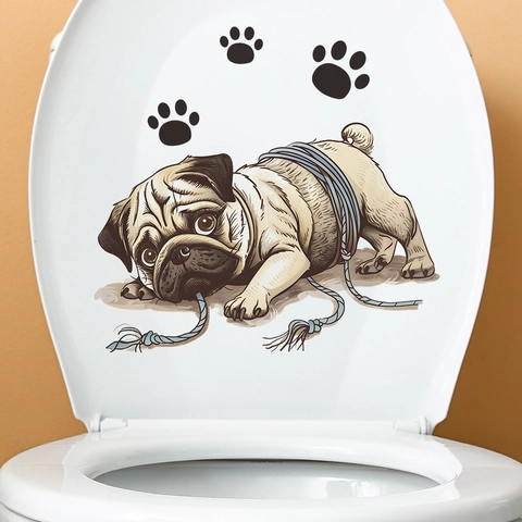 Divertente Adesivo per Sedile del Gabinetto a Forma di Carlino Cartone Animato Impermeabile PVC Animali per Bagno Decorazione