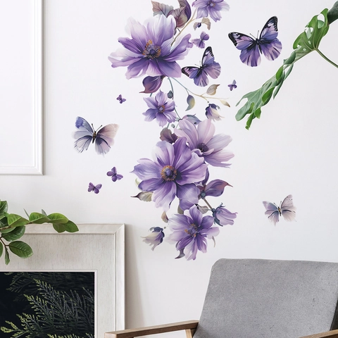Lila Aquarell Blume Schmetterling Wandtattoo PVC Dekoratives Wandbild Für Schlafzimmer Wohnzimmer Haus Wanddekoration