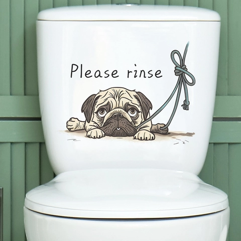 Grappige Cartoon Mops Toiletsticker Please Rinse Engelse Slogan PVC Waterdichte Muursticker Badkamer Decoratie