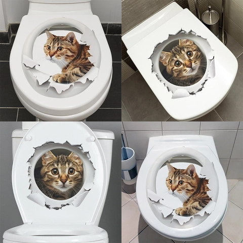 Realistischer 3D Katzen Toilettenaufkleber Wasserdichtes PVC Abnehmbares Wandtattoo Für Badezimmer Deko Getigertes Tiermuster Sticker