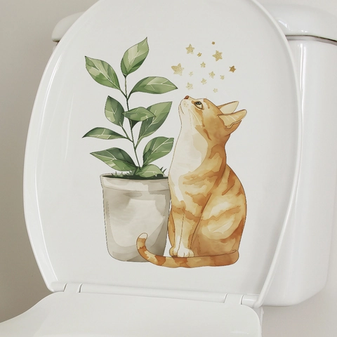 Watercolor Cartoon Cat Potted Plant Toilet Sticker PVC Waterproof Removable Bathroom Wall Art Decal Home Decor Accessories