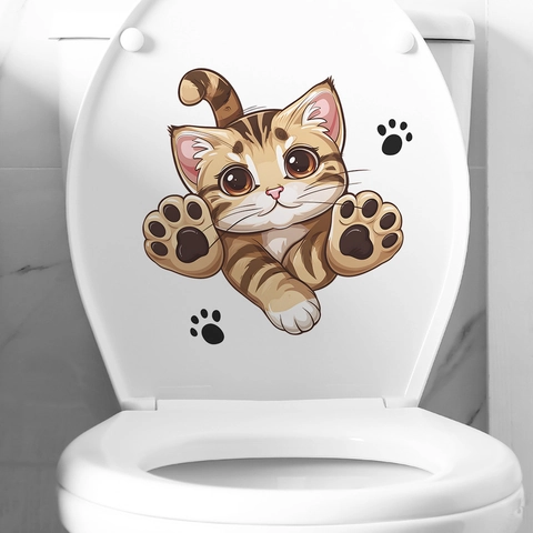 Schattige Cartoon Kat Toiletdeksel Sticker Zelfklevend Waterdicht PVC Muursticker Voor Badkamer Huis Decoratie Pootafdruk