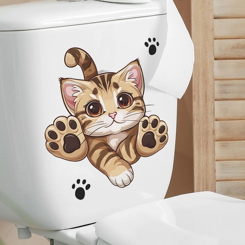 Schattige Cartoon Kat Toiletdeksel Sticker Zelfklevend Waterdicht PVC Muursticker Voor Badkamer Huis Decoratie Pootafdruk