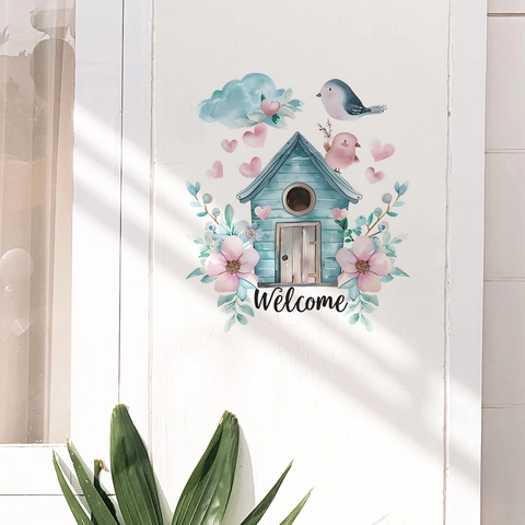 Aquarell Vogelhaus Welcome Wandtattoo PVC Abnehmbar Blume Herz Vogel Tür Aufkleber Für Wohnzimmer Schlafzimmer Deko