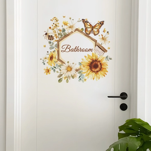 Pegatina de Pared para Baño con Girasol y Mariposa PVC Calcomanía de Puerta Decorativa Marco Hexagonal Eslogan de Flores para Hogar
